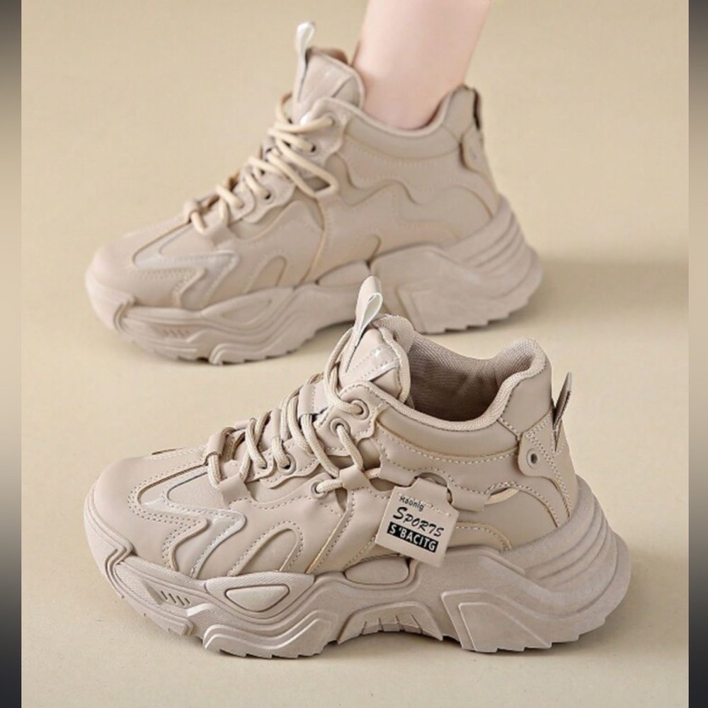 Chunky Heel Topstitching High Top Clunky Sneakers - Light Khaki Eu 40 25cm